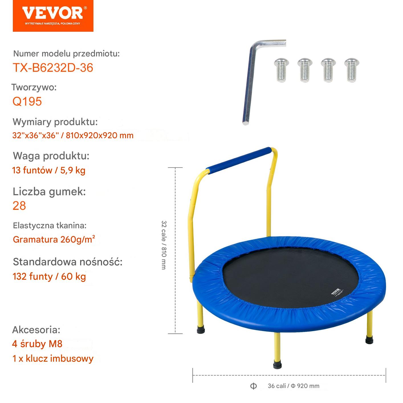 Trampolina domowa do ćwiczeń z poręczą dla dorosłych i dzieci 92 cm - obrazek 2