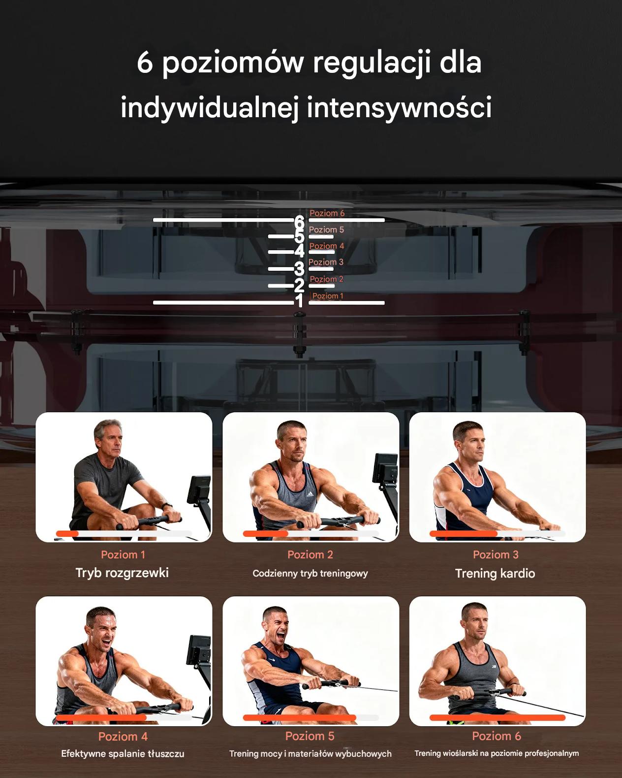 Wioślarz wodny drewniany składany 6 poziomów oporu LCD trening domowy - obrazek 5