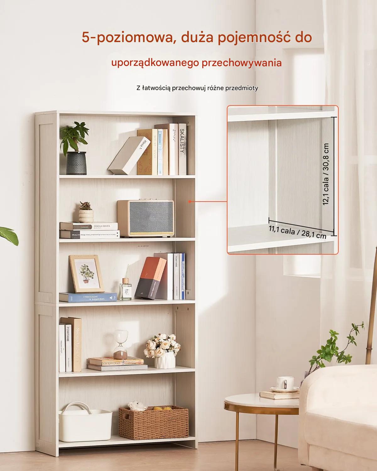 Regał 5-poziomowy 173 cm drewniany biały otwarty stojący do salonu i biura - obrazek 6