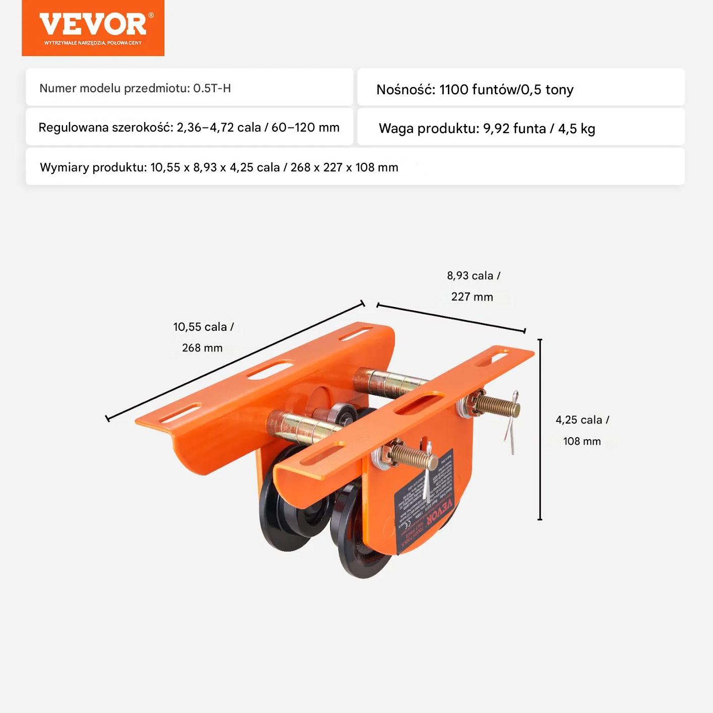Wózek suwnicowy ręczny 0.5t regulowany 6-12cm do wciągnika I-beam - obrazek 2