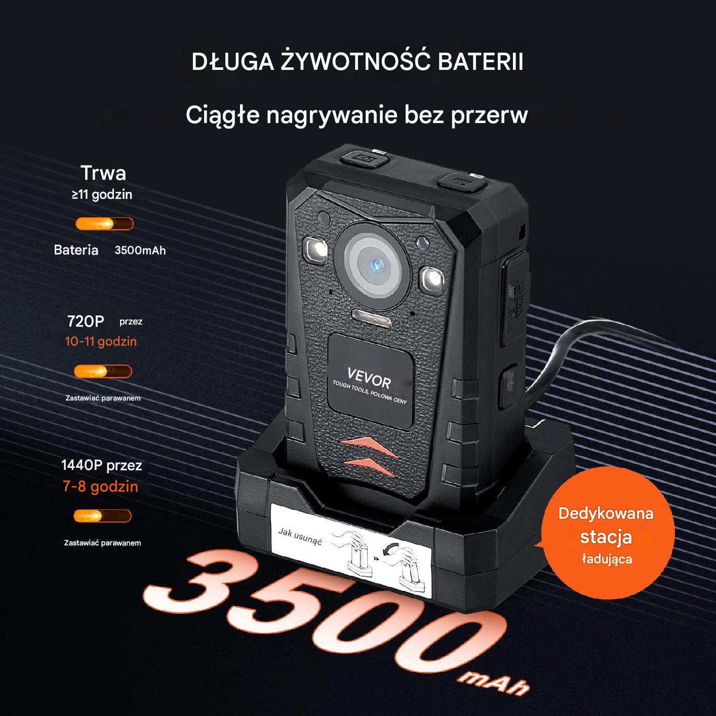 Kamera bodycam 1440P 128GB – policyjna z noktowizją i GPS bateria 3500mAh - obrazek 6
