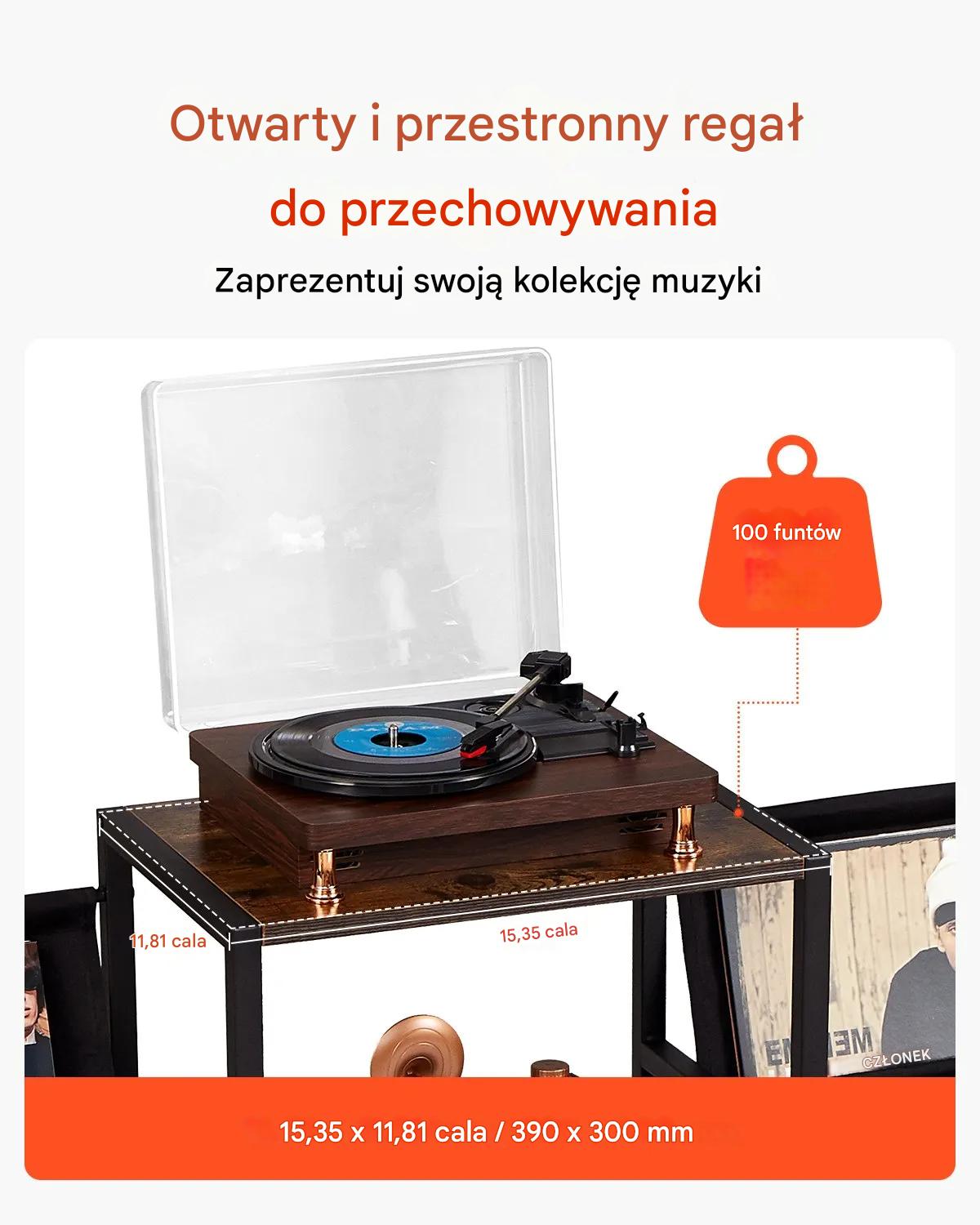 Stojak na winyle 3-poziomowy metalowy z półką pod gramofon do salonu - obrazek 5