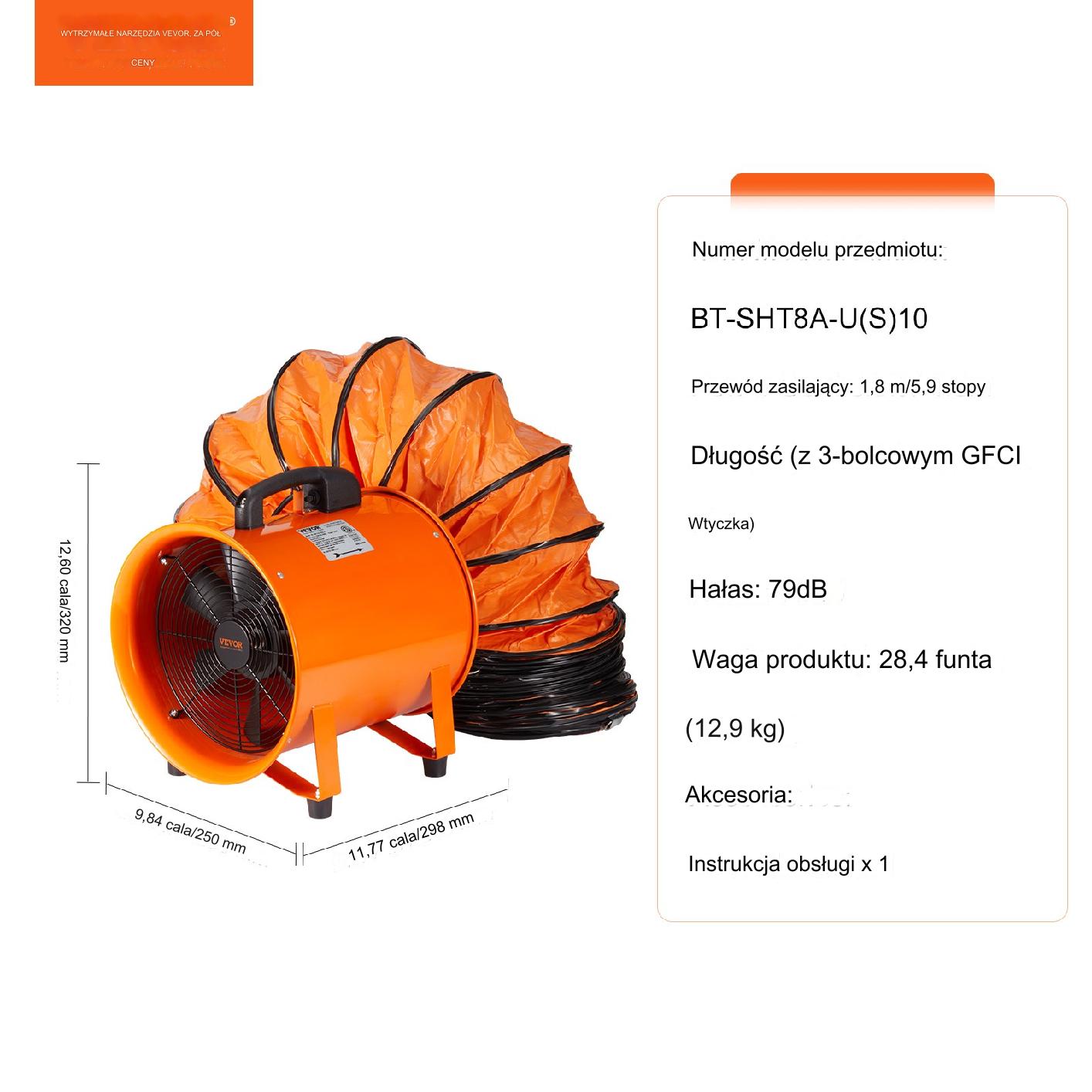 Wentylator Wyciągowy Przemysłowy 203 mm czarny 145W Wąż 10m IP44 79dB - obrazek 3