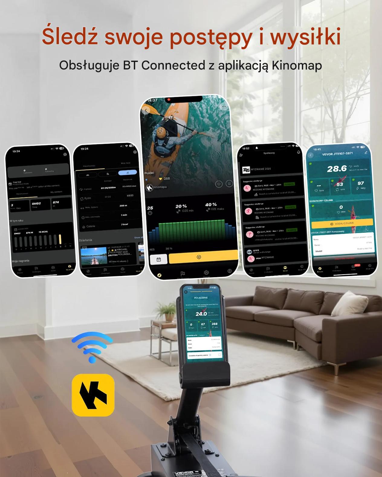 Wioślarz wodny drewniany składany 6 poziomów oporu LCD trening domowy - obrazek 4
