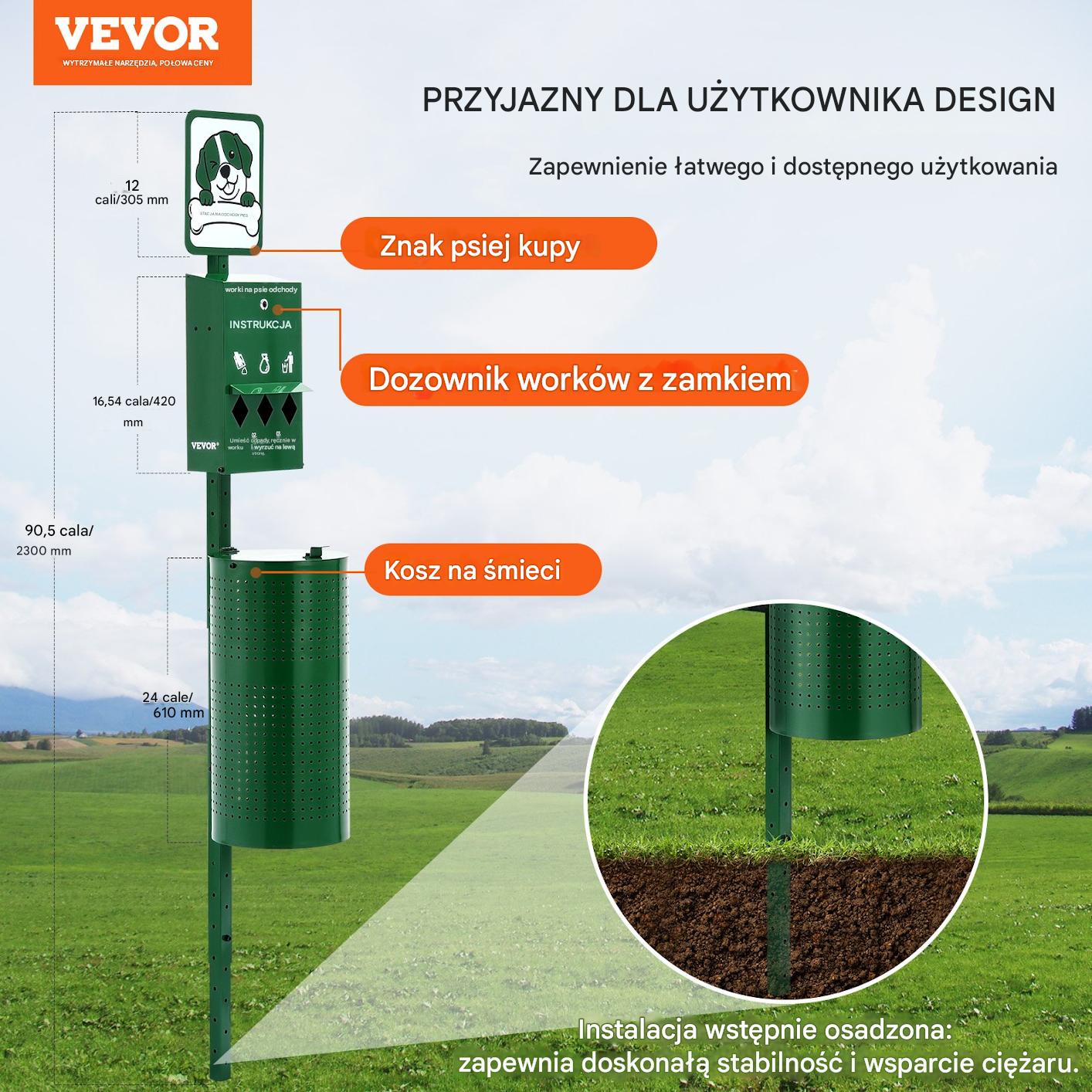 Kosz na psie odchody 43L z 650 workami dozownik montaż w ziemi do ogrodu - obrazek 6