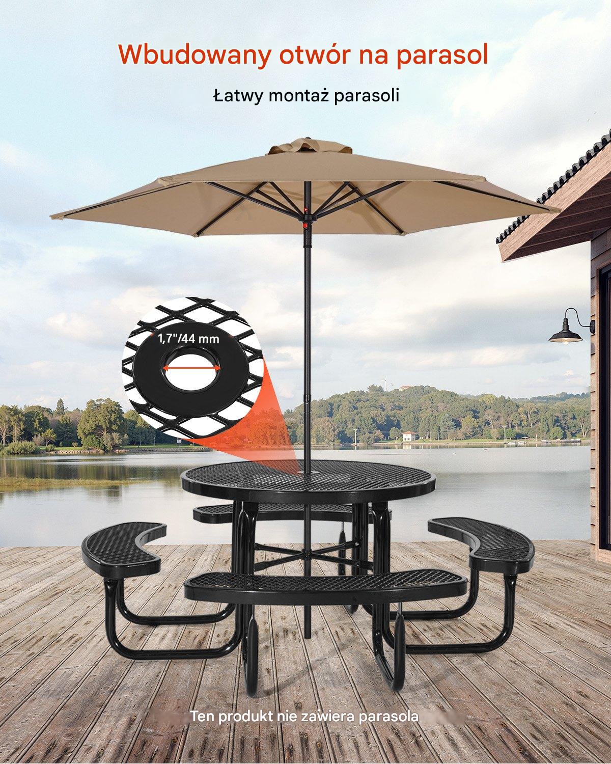 Stół piknikowy okrągły 117 cm - stal malowana z otworem na parasol - obrazek 4