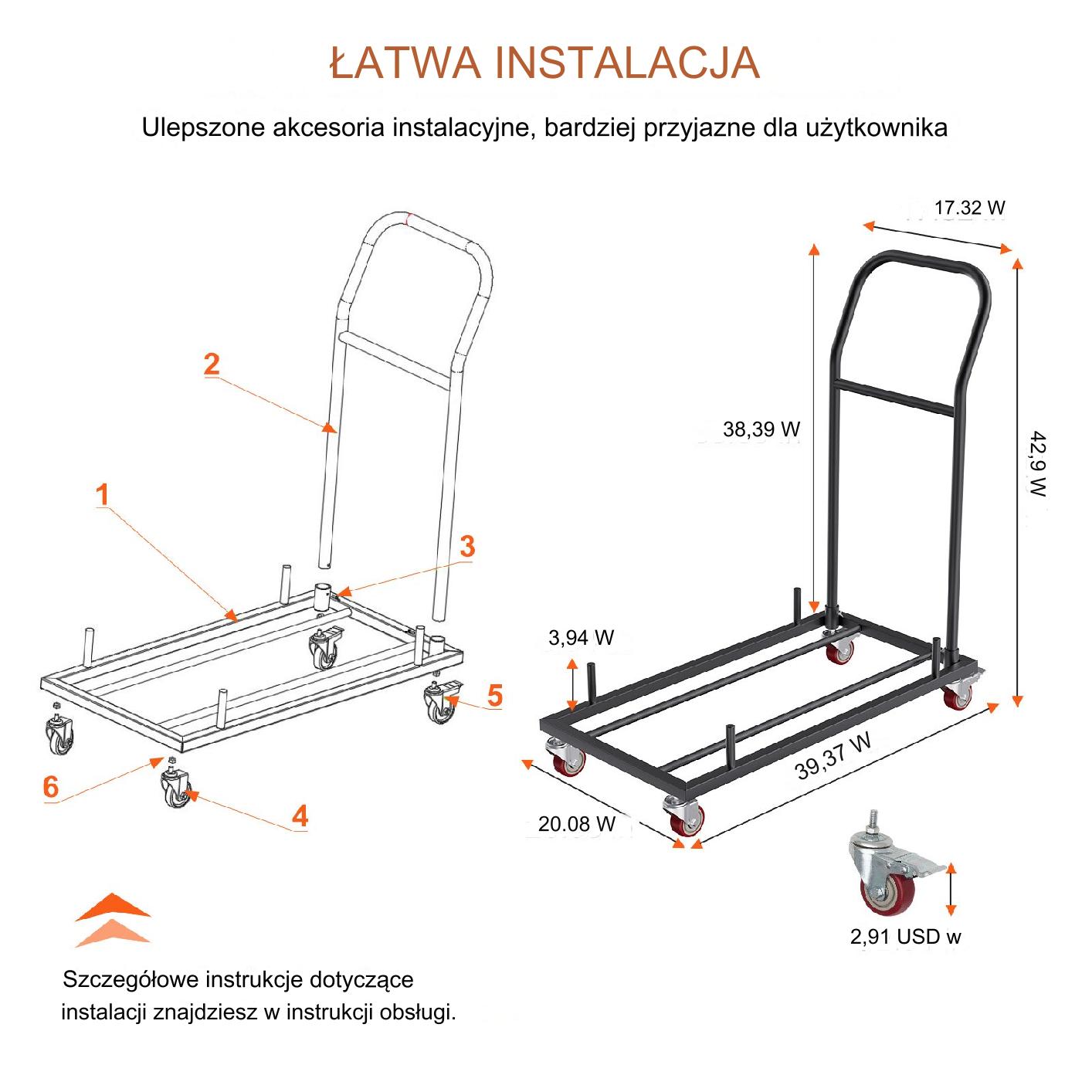 Wózek transportowy na krzesła składane 12 szt. metalowy z kółkami – czarny - obrazek 6