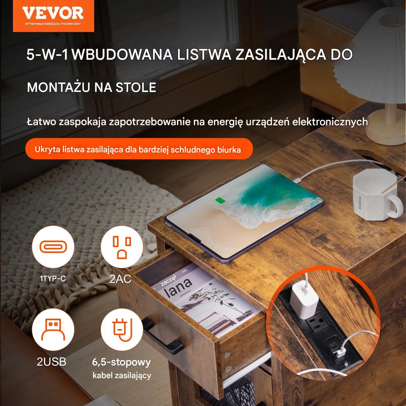 Stolik nocny z USB i szufladą 3-poziomowy burlywood do salonu i sypialni - obrazek 4