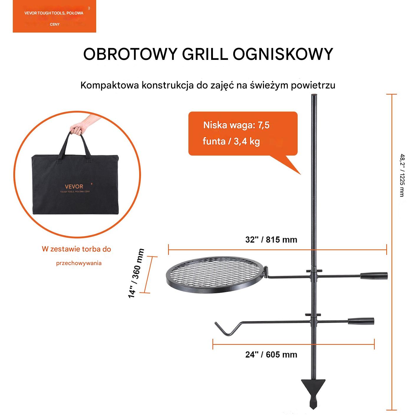 Palenisko grill ruszt ogniskowy ogrodowy wiszący okrągły przenośny+torba - obrazek 2