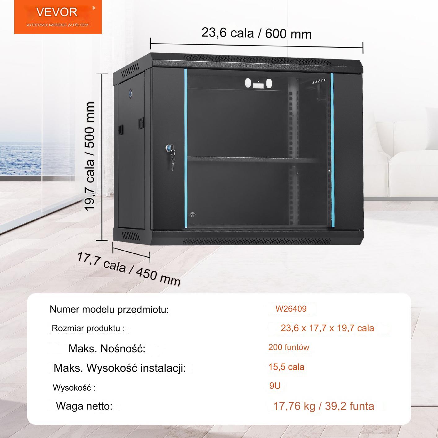 Szafa serwerowa 9U ścienna 50cm głębokość 90kg szyba drzwi z kluczem IT - obrazek 2