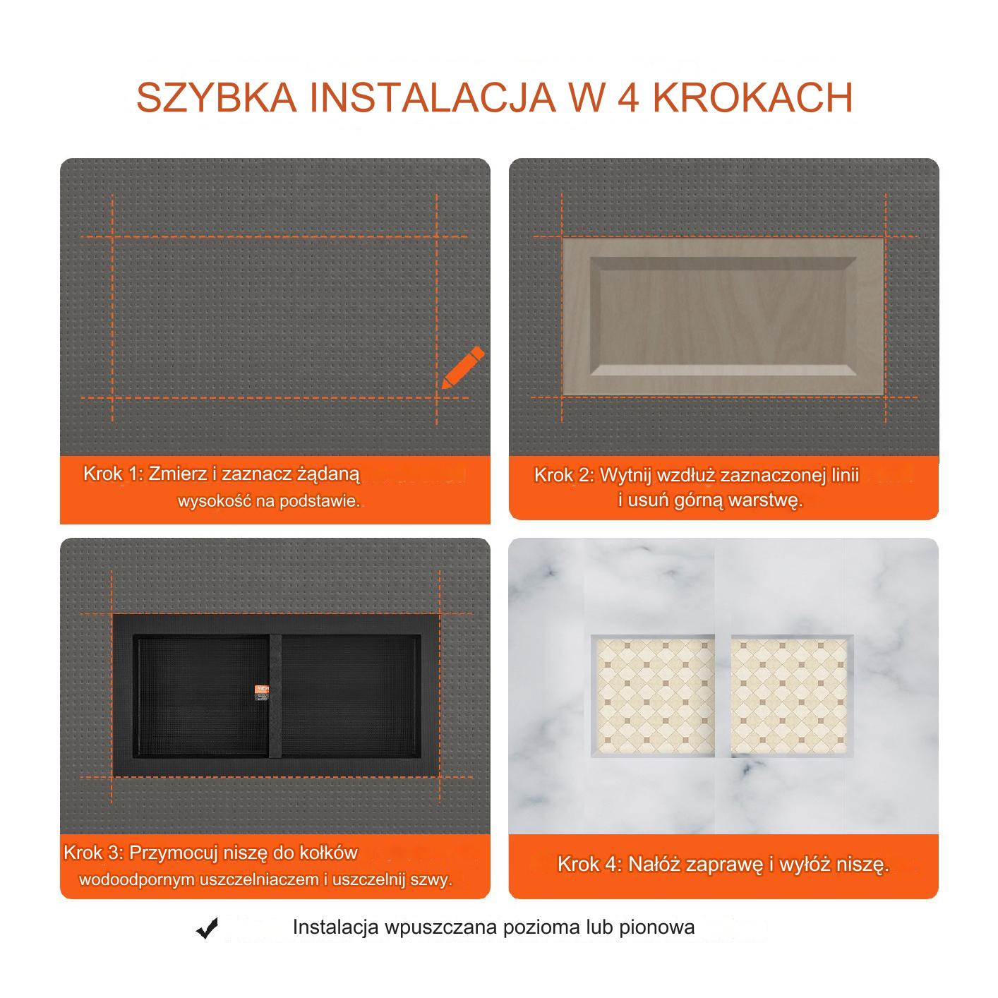 Wnękowa półka łazienkowa 40x81 cm, 2 poziomy, XPS, wbudowana, czarna - obrazek 5