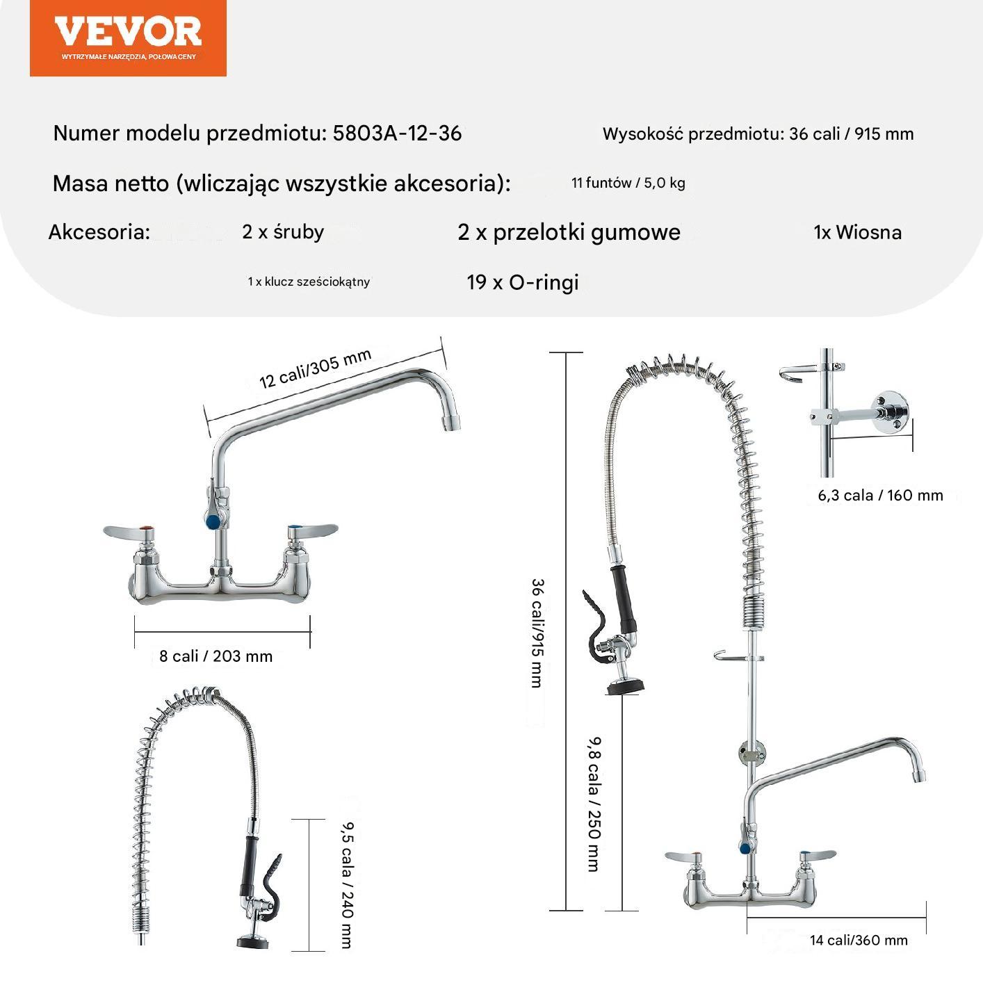 Bateria zlewozmywakowa ścienna 91,5cm z wężownicą do zlewu 1/2/3-komorowego - obrazek 2