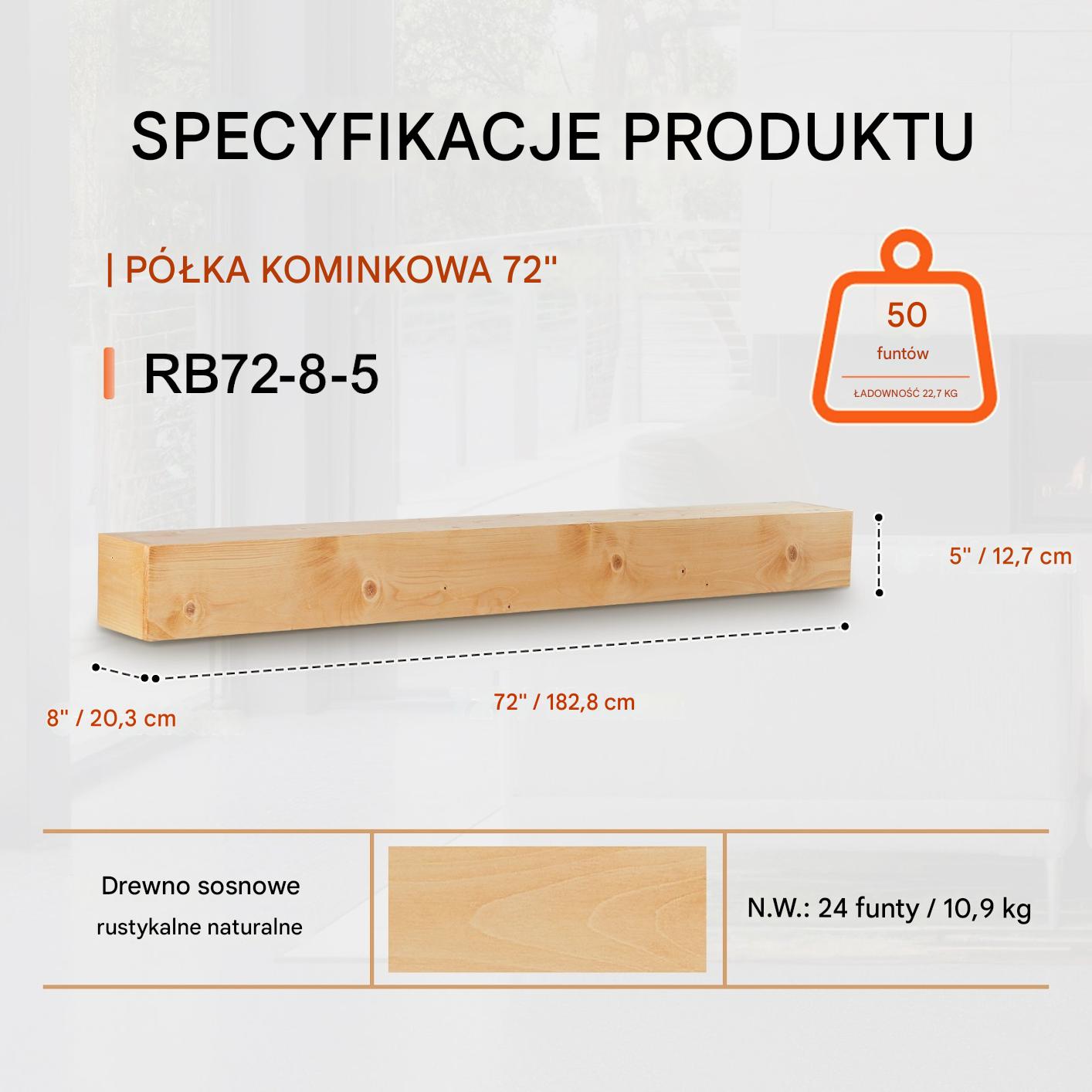 Półka na Kominek 182 cm Drewniana Sosnowa Wisząca do Salonu Rustykalna - obrazek 2