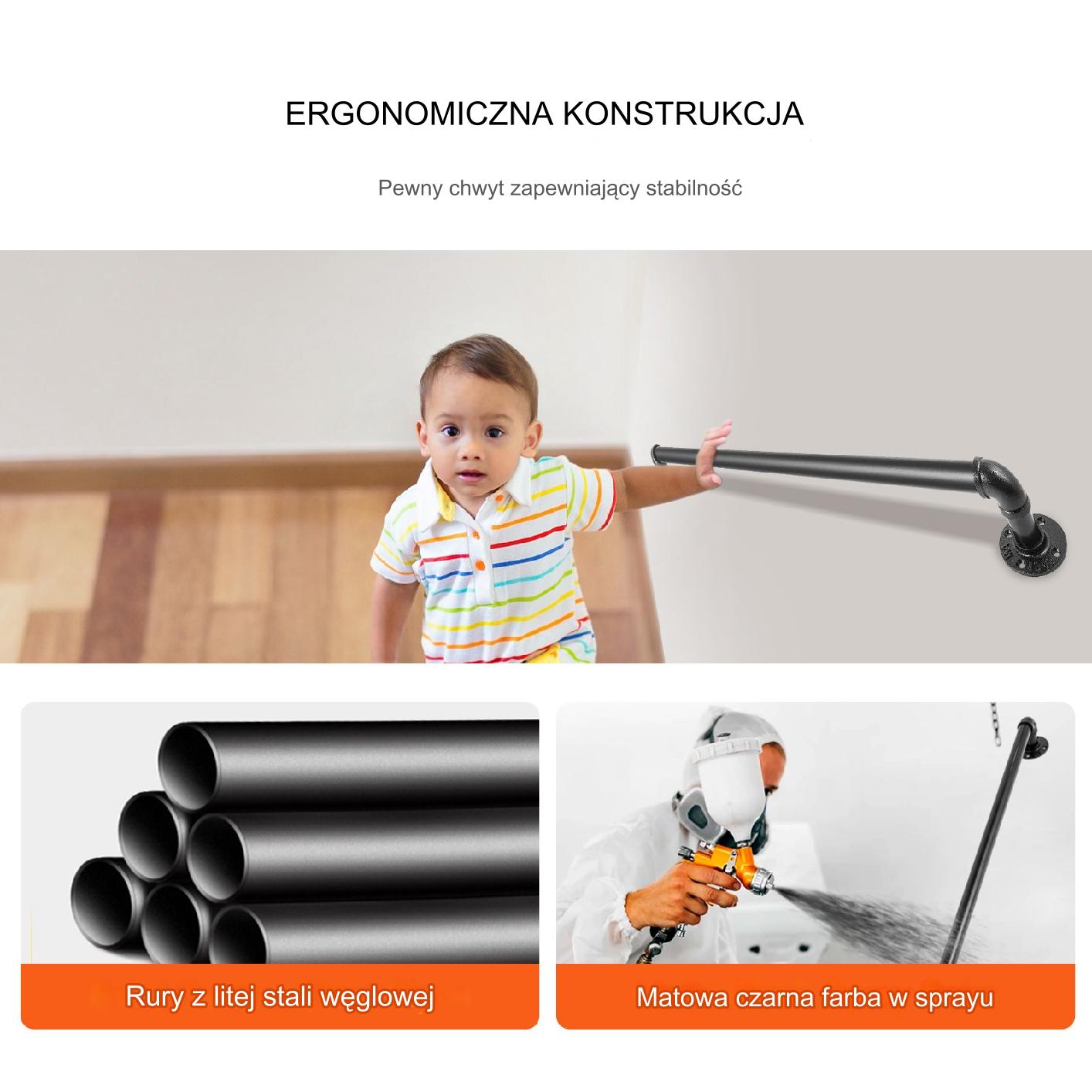 Poręcz schodowa 90cm stalowa ścienna rura montaż bezpieczeństwo wewnętrzna - obrazek 6