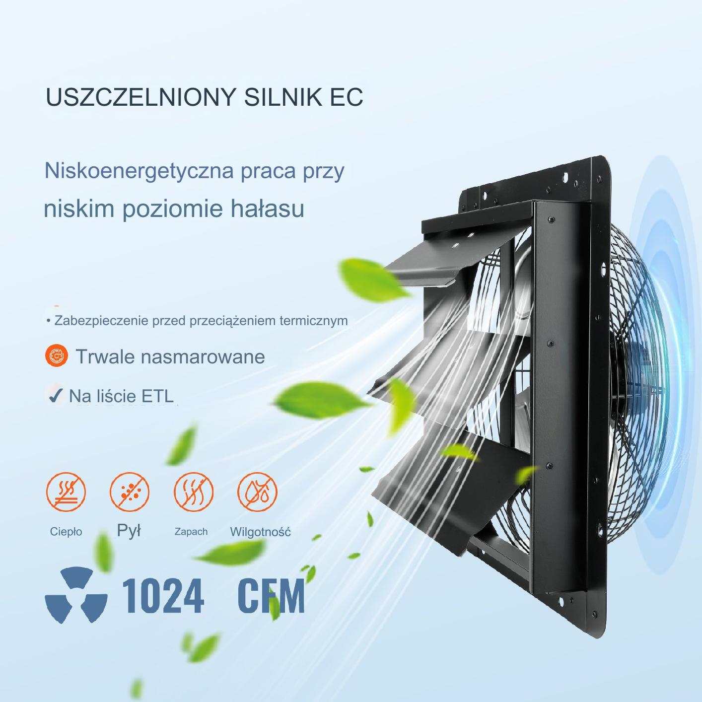 Wentylator ścienny wyciągowy 1700 m3/h czarny 30W automatyczne żaluzje - obrazek 3