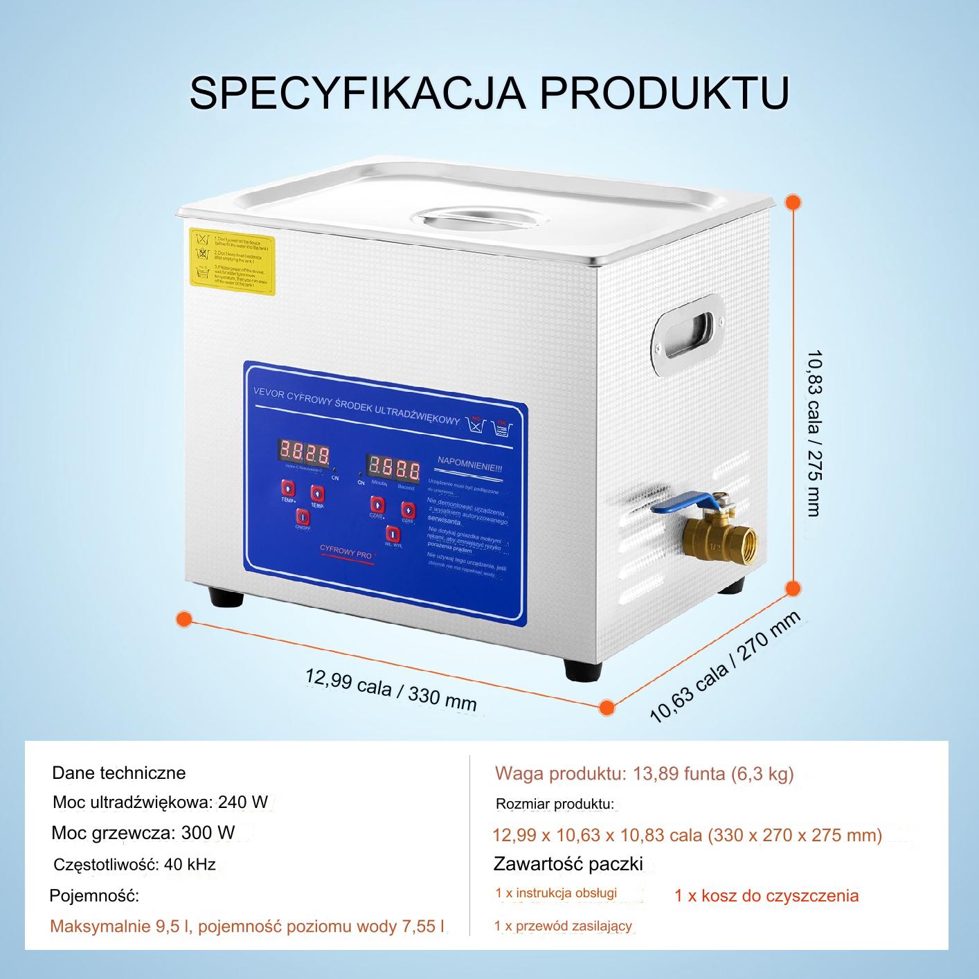 Myjka ultradźwiękowa sterylizator 10 L 300 W timer 40 kHz zestaw Premium - obrazek 2