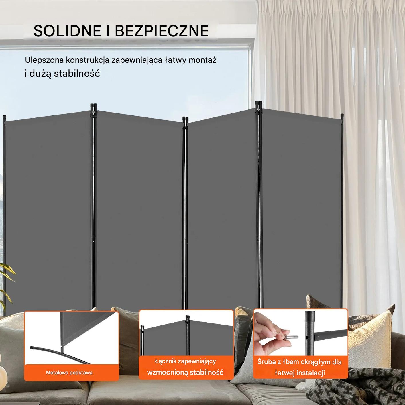 Parawan pokojowy 4-panelowy składany przegroda wolnostojąca szara biuro - obrazek 3