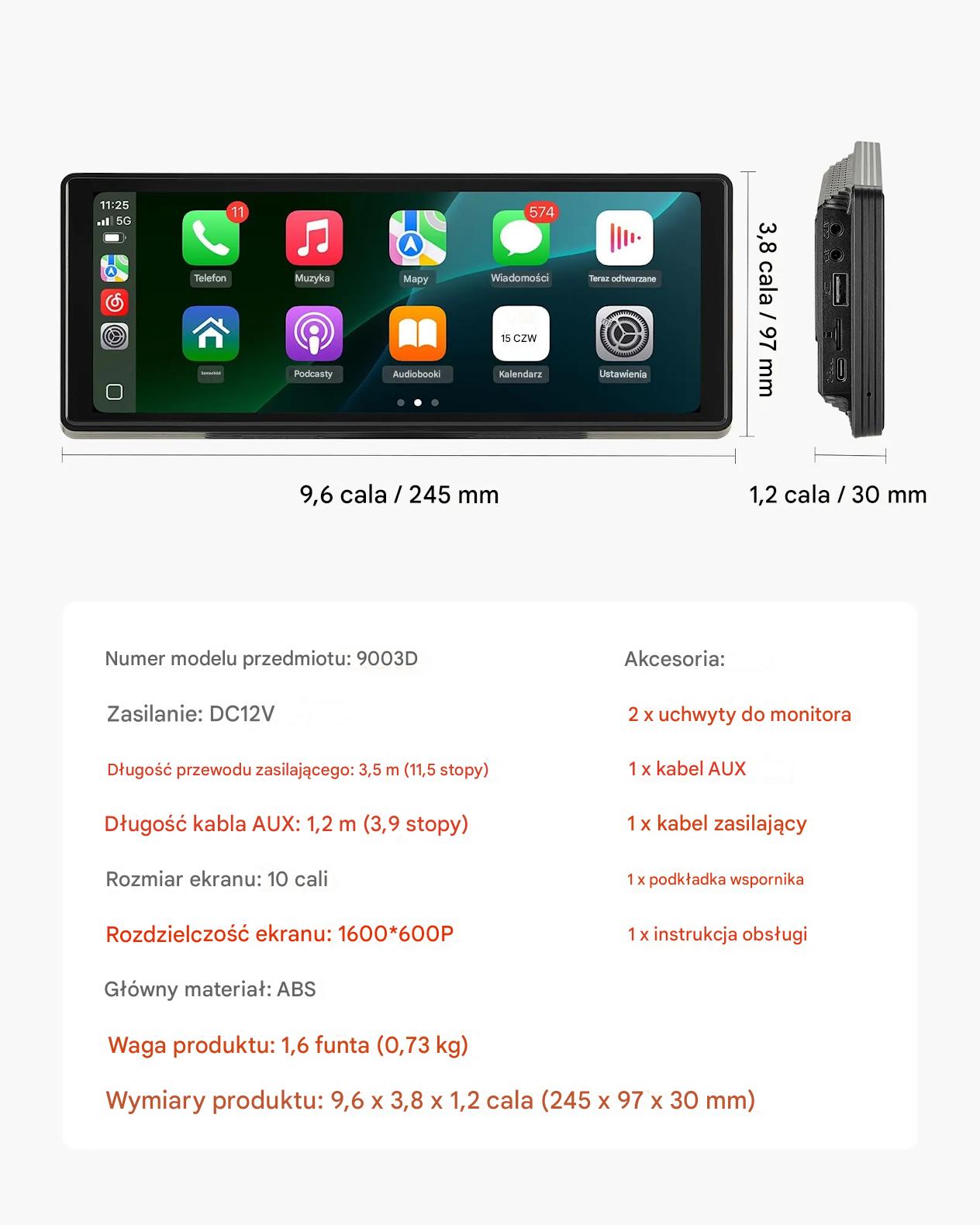Ekran CarPlay/Android Auto 10″ dotykowy BT GPS z voice control do auta - obrazek 2