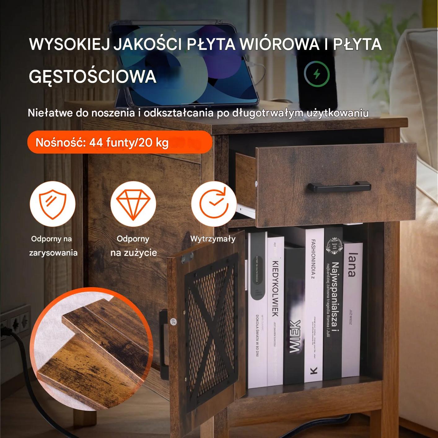 Stolik nocny z USB i szufladą 3-poziomowy burlywood do salonu i sypialni - obrazek 5