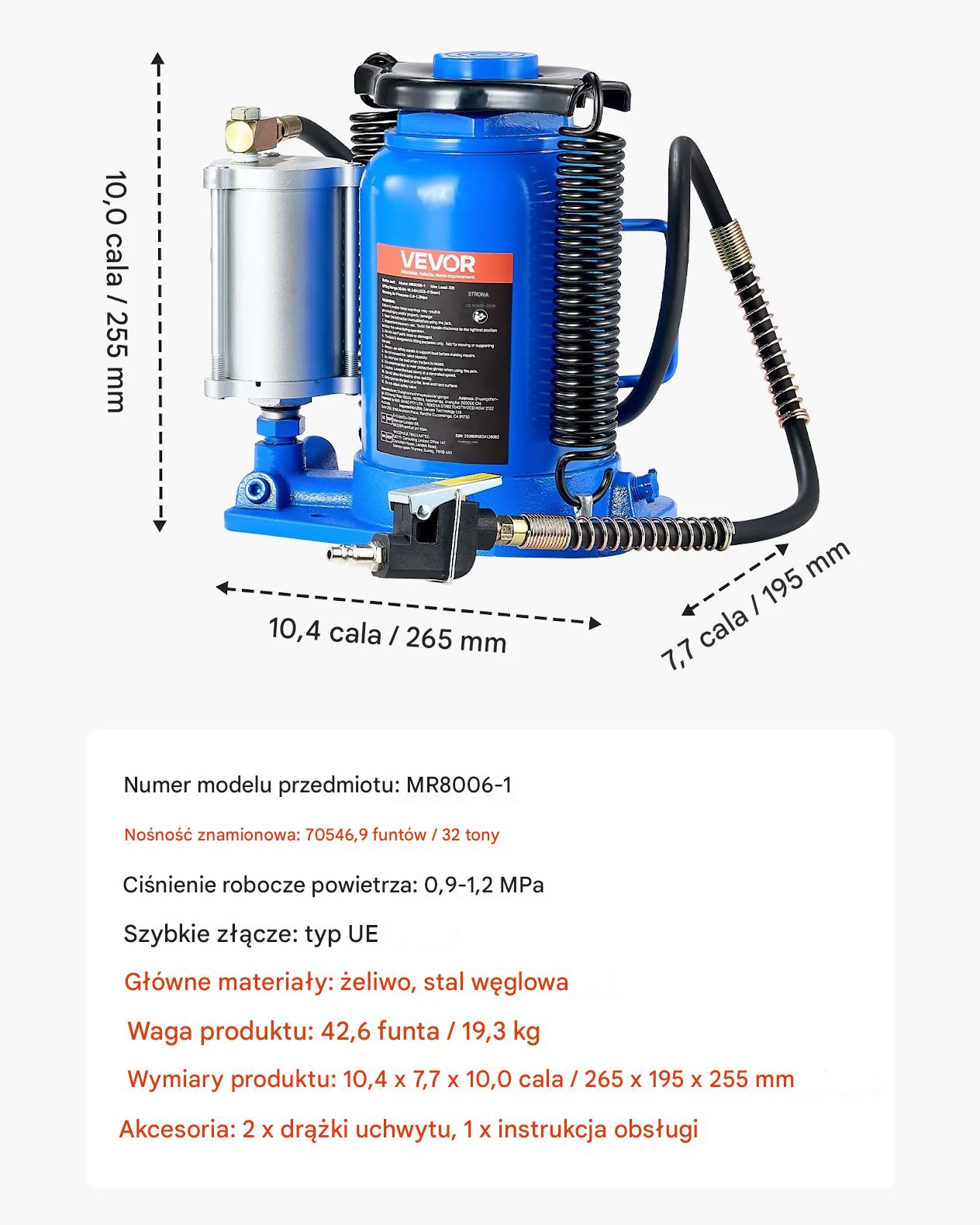 Podnośnik hydrauliczny słupkowy 32T pneumatyczny 255-415 mm warsztat auto - obrazek 2