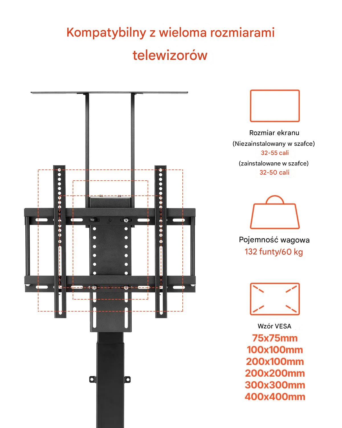 Uchwyt TV podłogowy 32–55" elektryczny lift stand regulowany z pilotem - obrazek 4