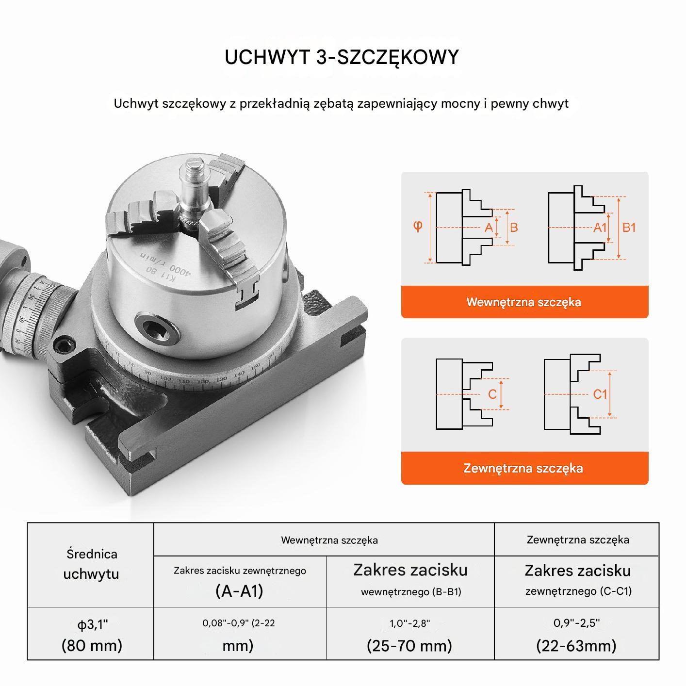 Stół obrotowy do frezarki 100 mm, 3-szczękowy 80 mm, poziomy/pionowy - obrazek 4