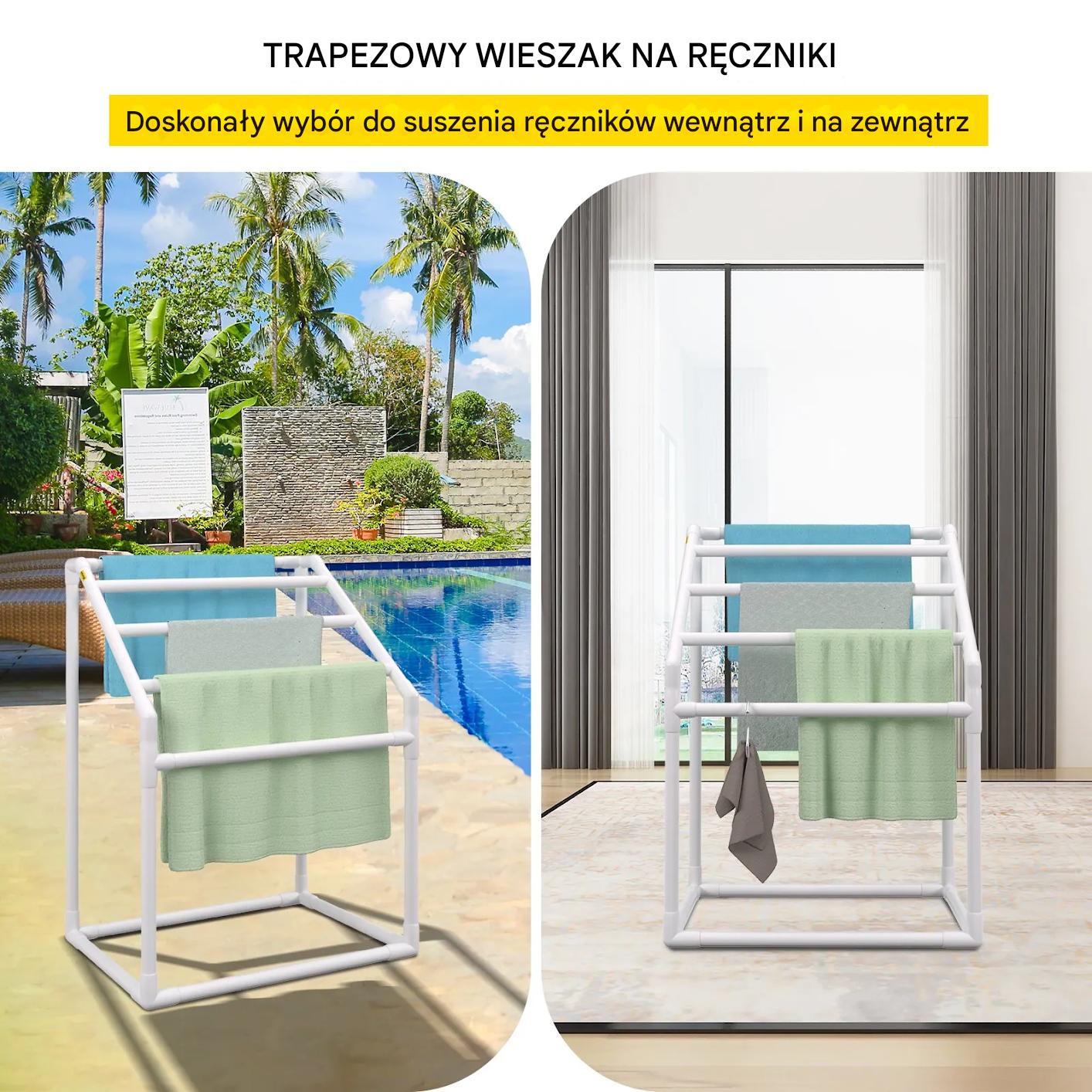 Wieszak na ręczniki basenowe 5 ramion stojący PVC z klipsami i koszem - obrazek 3