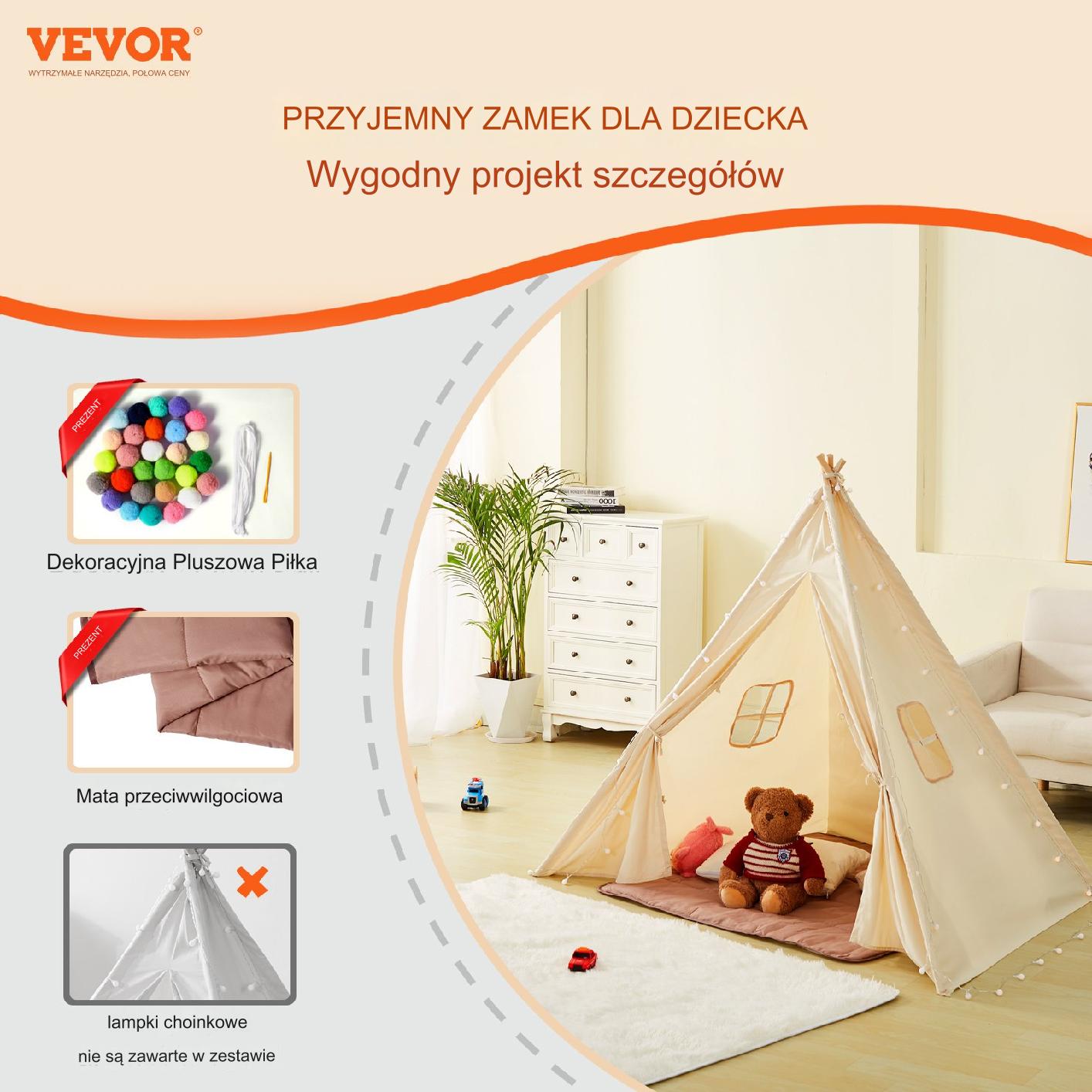 Namiot tipi dla dzieci 1-5 lat – z matą i piłkami do pokoju 118x118 cm - obrazek 7