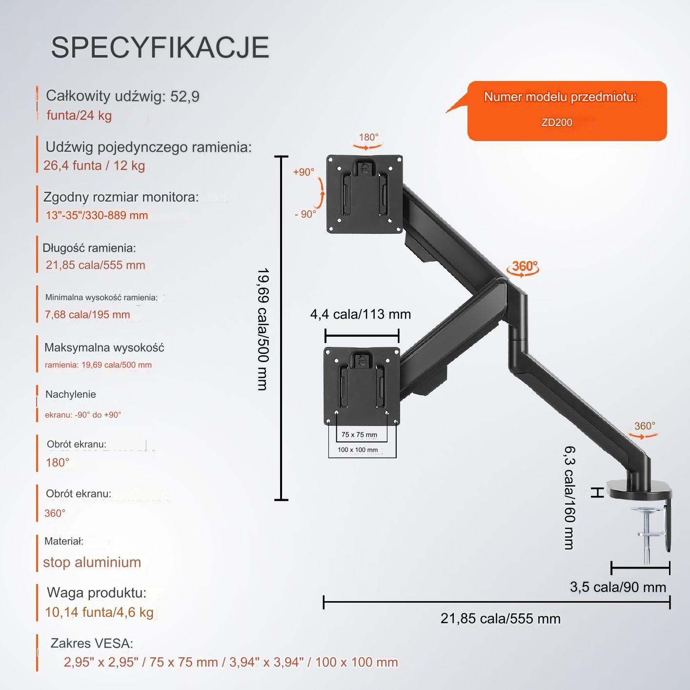 Uchwyt na dwa monitory podwójny uchwyt biurkowy do monitorów 13"-35" - obrazek 2