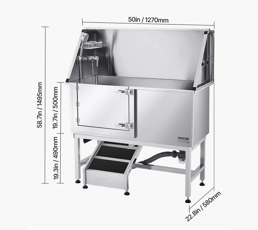 Wanna groomerska 127 cm stal nierdzewna rampa filtr prysznic drzwi lewe - obrazek 2