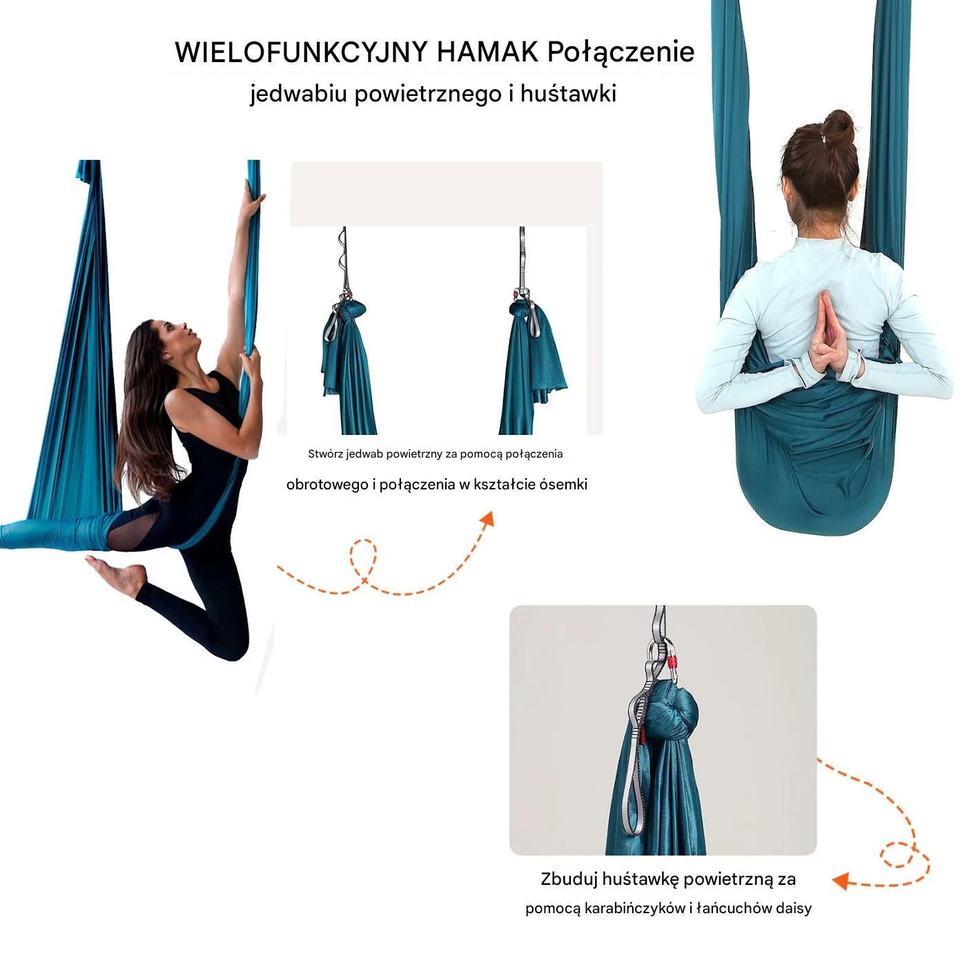 Hamak aerial yoga 5m z osprzętem 100gsm nylon do treningu zielony - obrazek 6