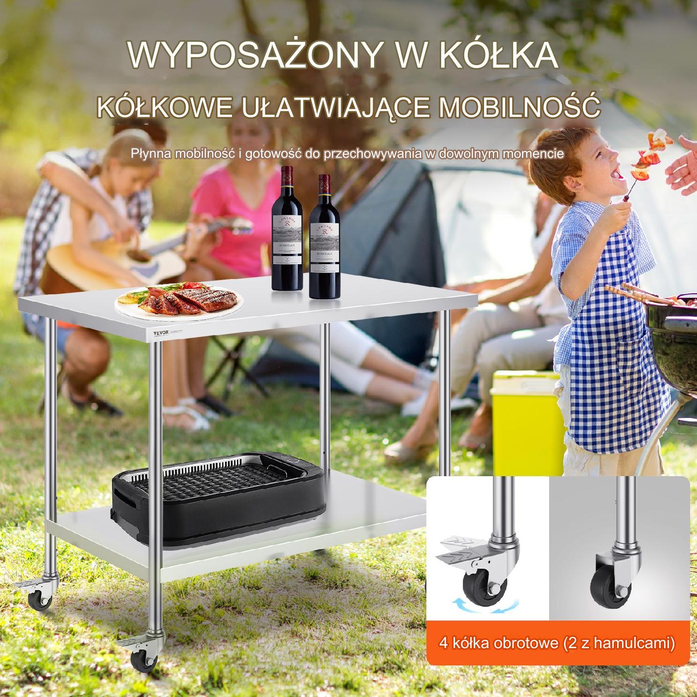 Stół gastronomiczny nierdzewny 76x122cm na kółkach z półką mobilny bar - obrazek 3