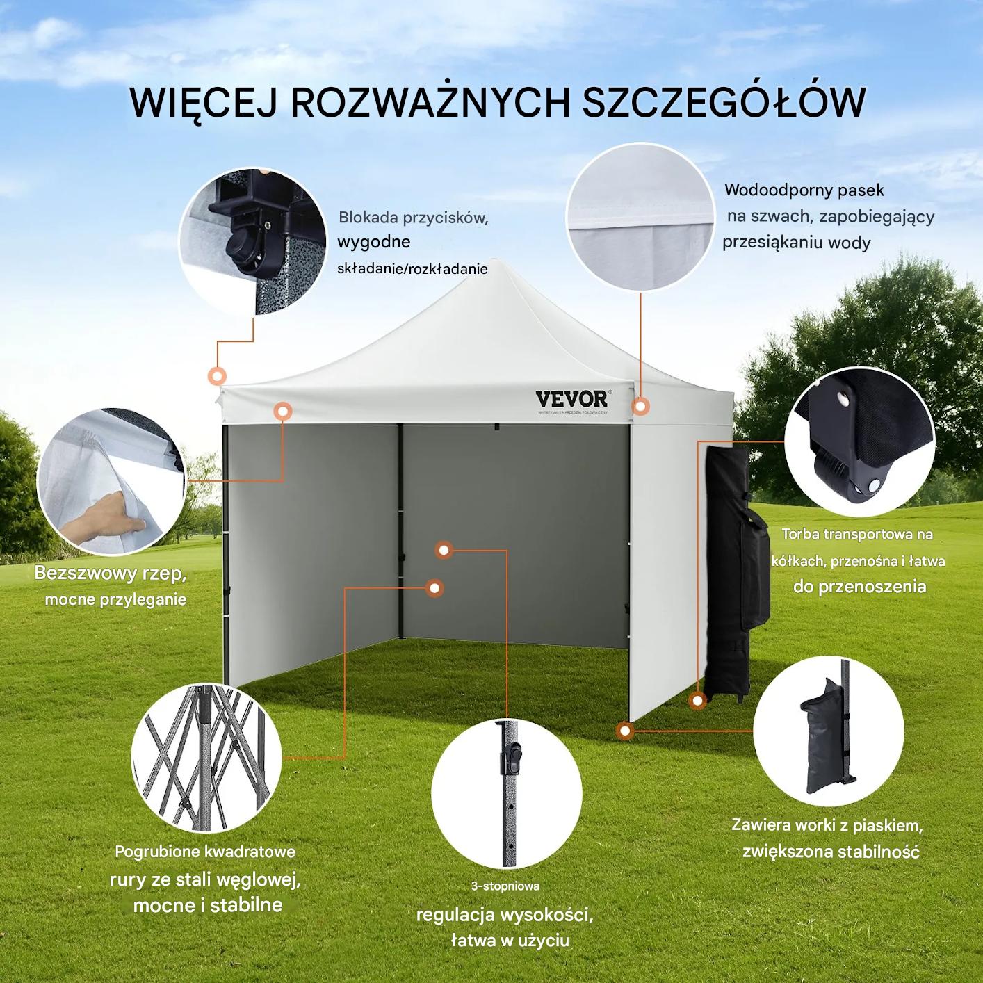 Namiot ogrodowy 3x3m z ściankami składany pawilon pop-up torba plaża ogród - obrazek 6