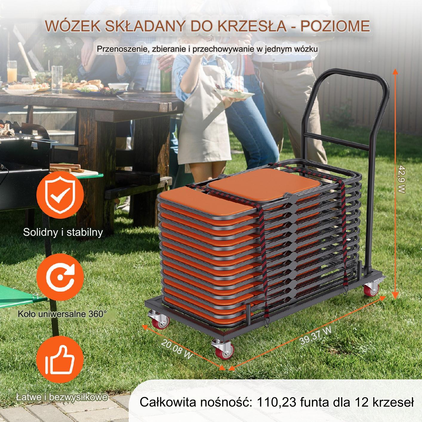Wózek transportowy na krzesła składane 12 szt. metalowy z kółkami – czarny - obrazek 7