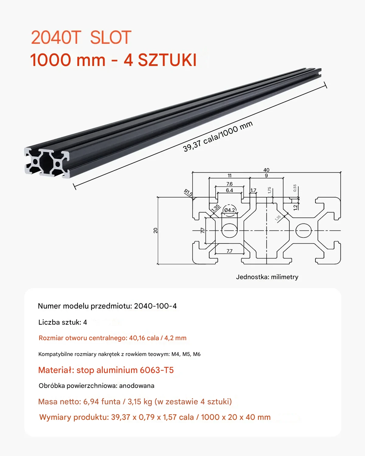 Szyna Liniowa Prowadnica Aluminiowa Zestaw 4 Sztuki 1000 mm - obrazek 2