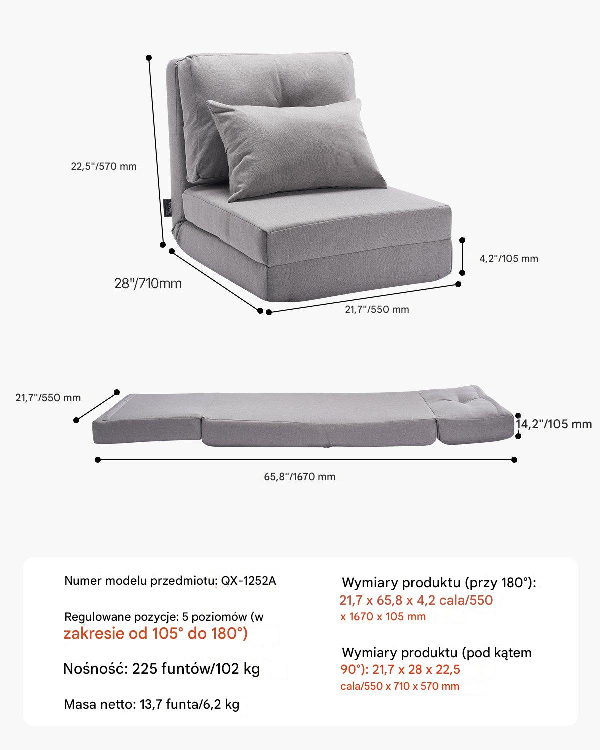 Składany fotel podłogowy regulowany 5-stopniowy sofa szara - obrazek 2