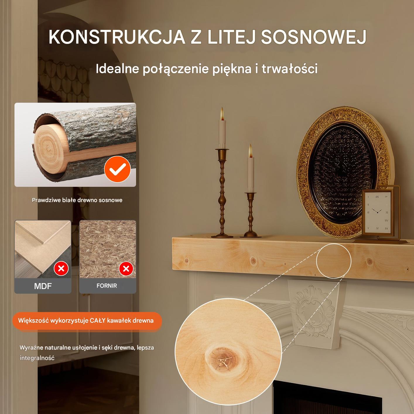 Półka na Kominek 182 cm Drewniana Sosnowa Wisząca do Salonu Rustykalna - obrazek 3