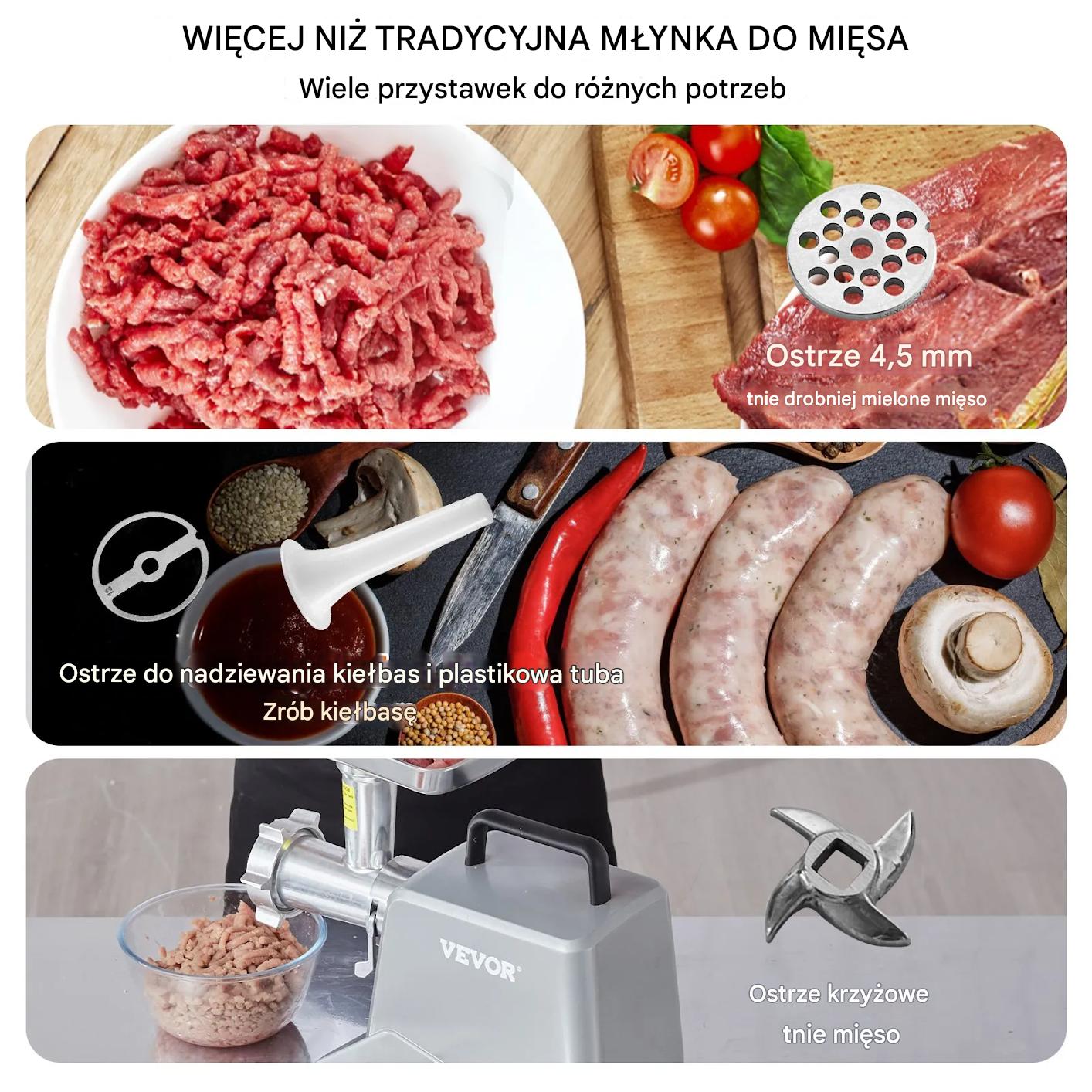 Maszynka do mięsa elektryczna 2,27kg/min 575W stal aluminiowa kiełbasy - obrazek 3