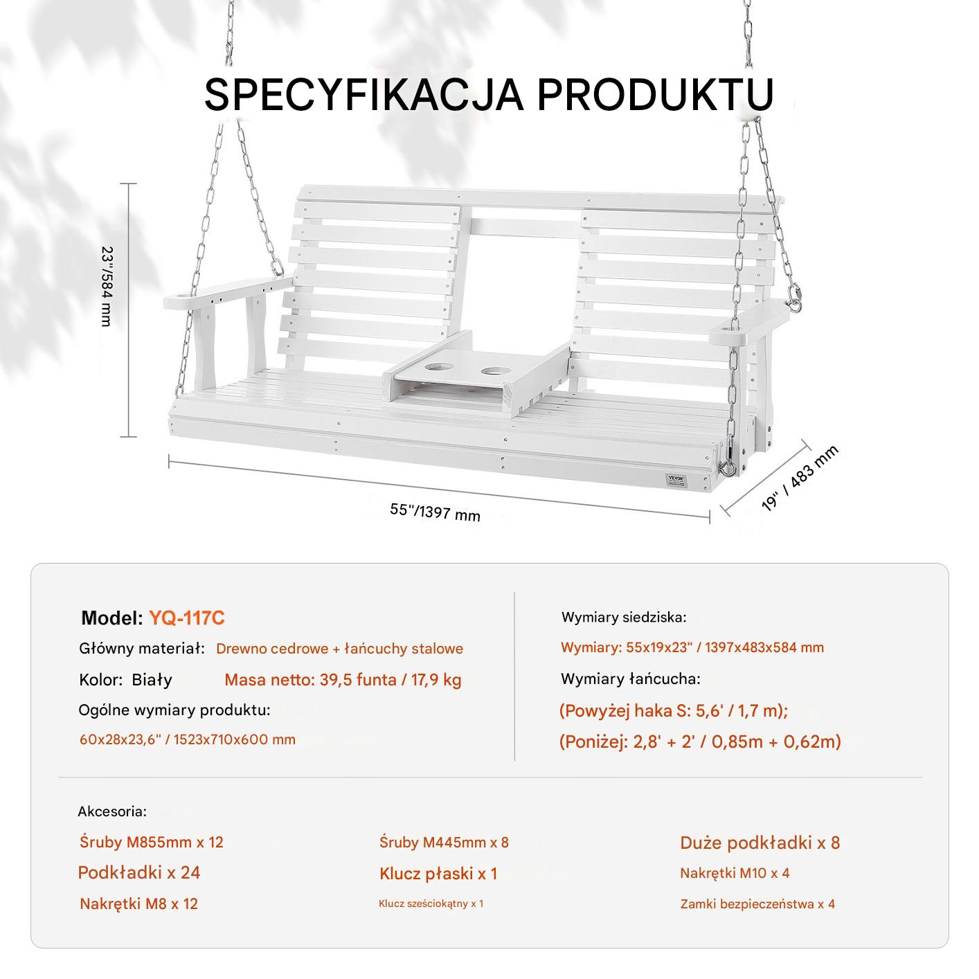 Drewniana huśtawka ogrodowa wisząca na taras werandę biała 152 cm - obrazek 2