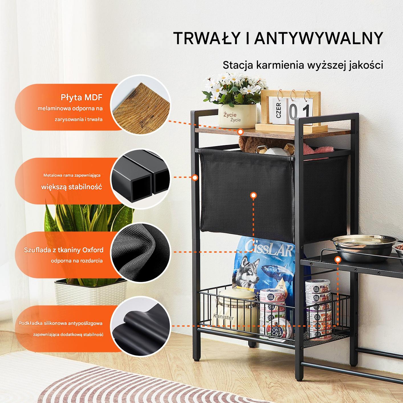 Stojak na miski dla psa z pojemnikiem drewniany – organizer zabawek - obrazek 4