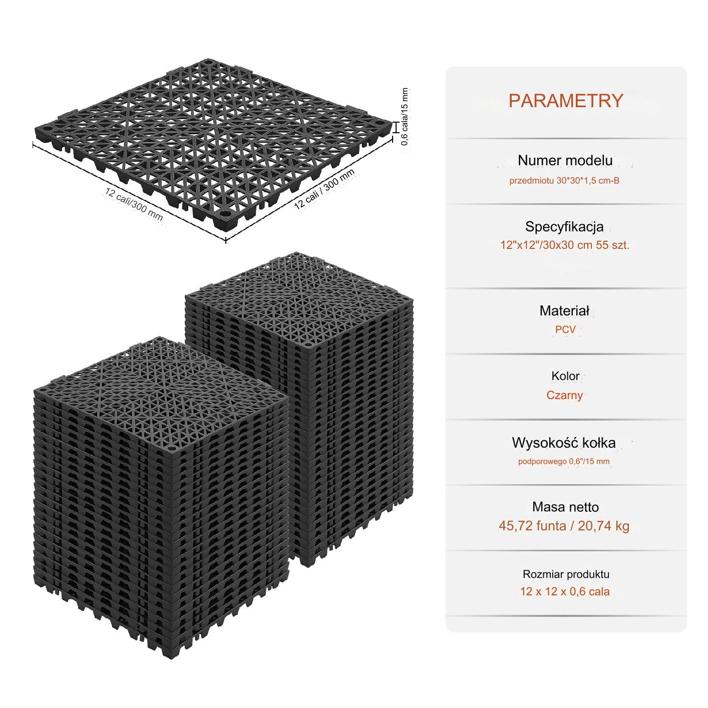 Mata drenażowa czarne 30x30cm 55szt PVC łączona antypoślizgowa łazienka - obrazek 2