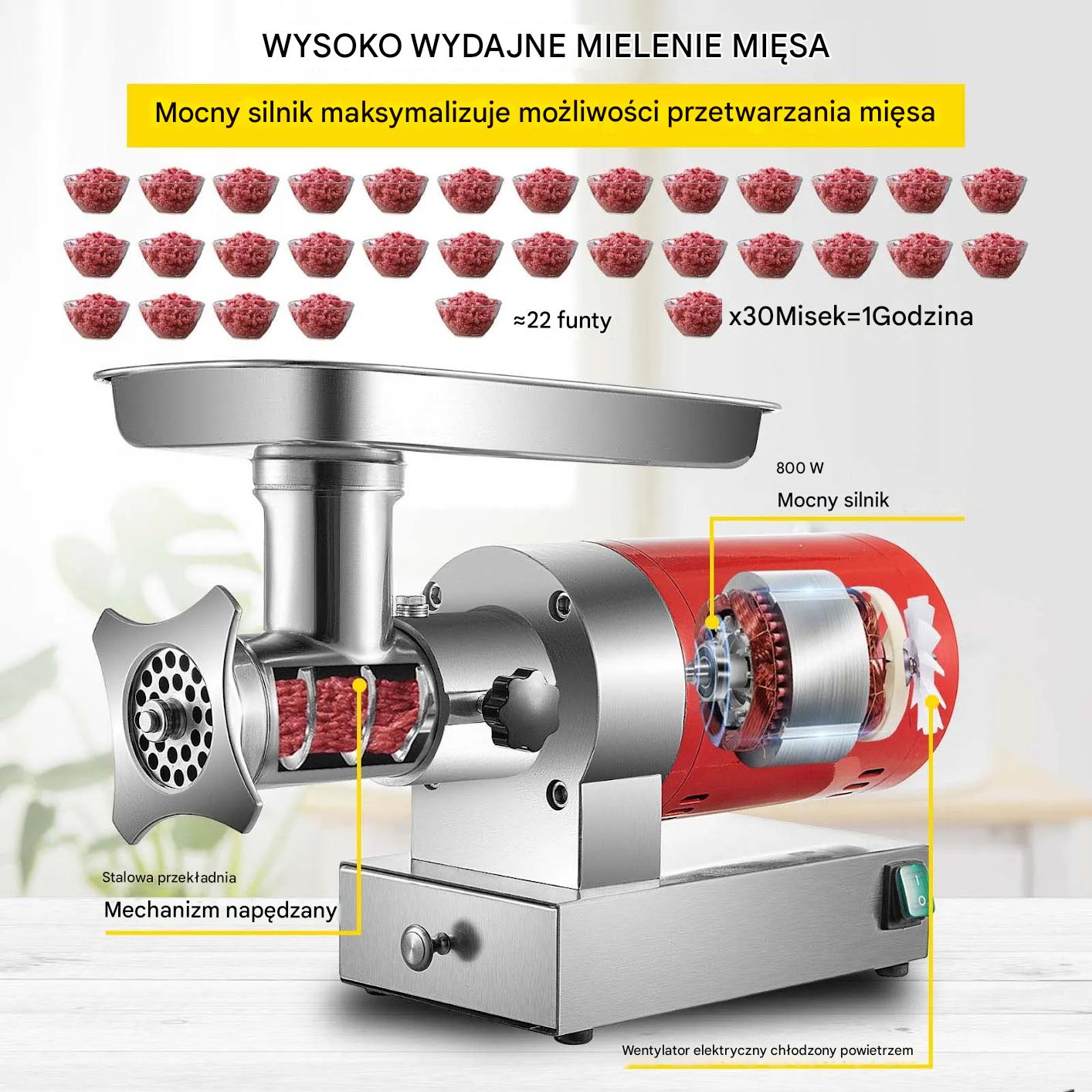 Maszynka do mięsa elektryczna 800W 300kg/h stal nierdzewna kiełbasy - obrazek 3