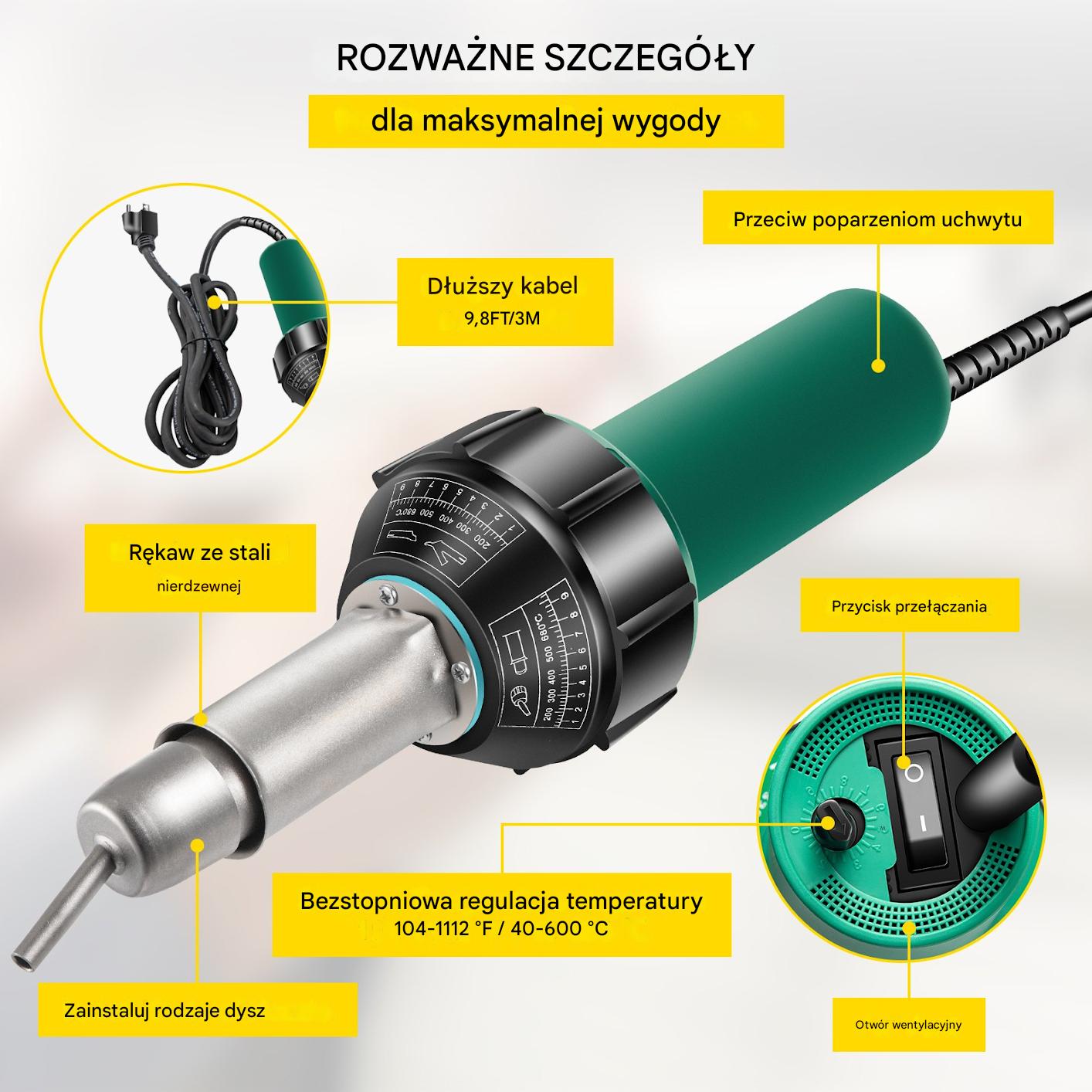 Zgrzewarka do folii PVC 1600W z regulacją temp. zestaw 8 końcówek 220V - obrazek 6
