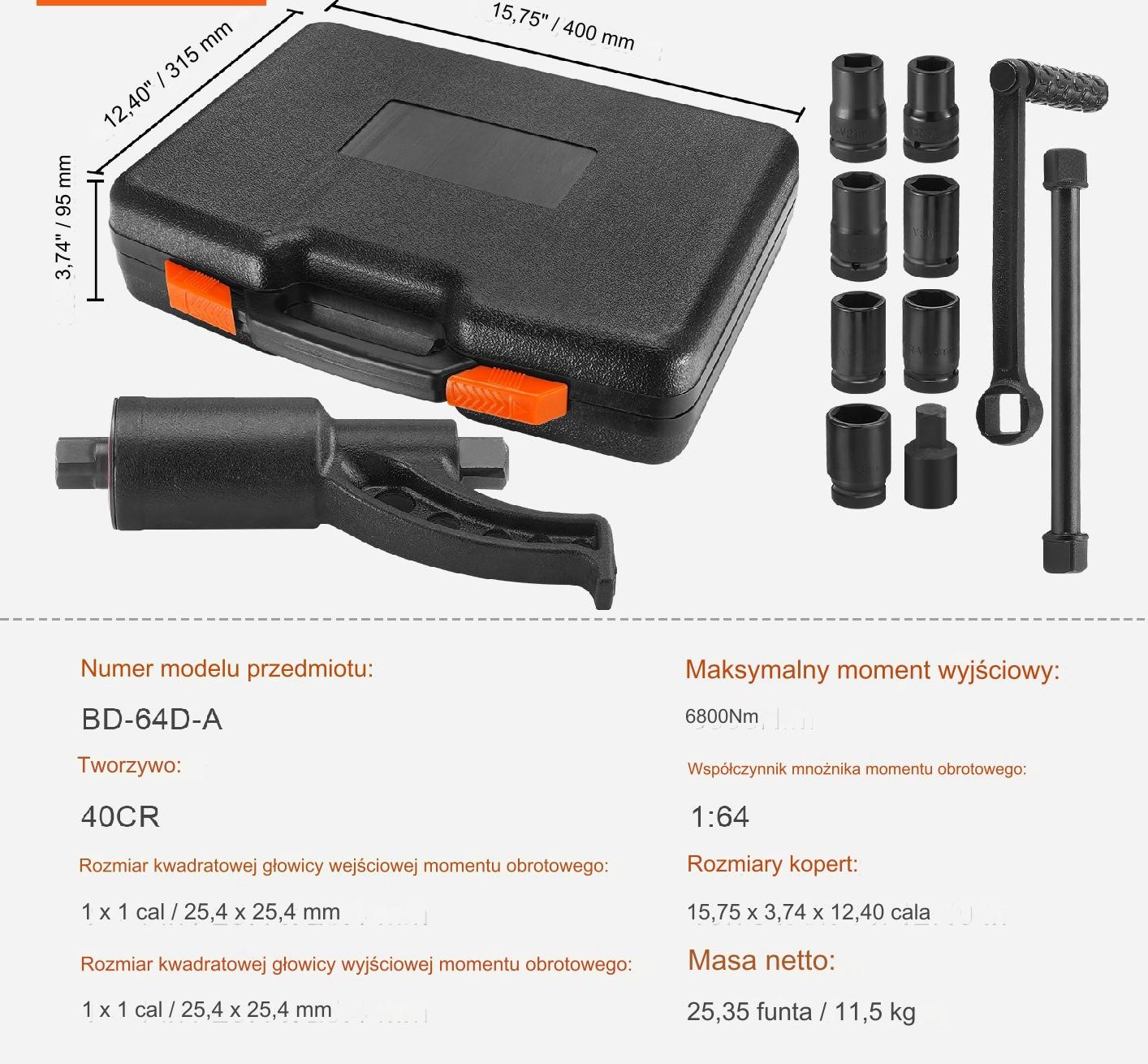 Zestaw kluczy przekładnia do odkręcania kół 6800 Nm 1" z nasadkami 21-38 mm - obrazek 2