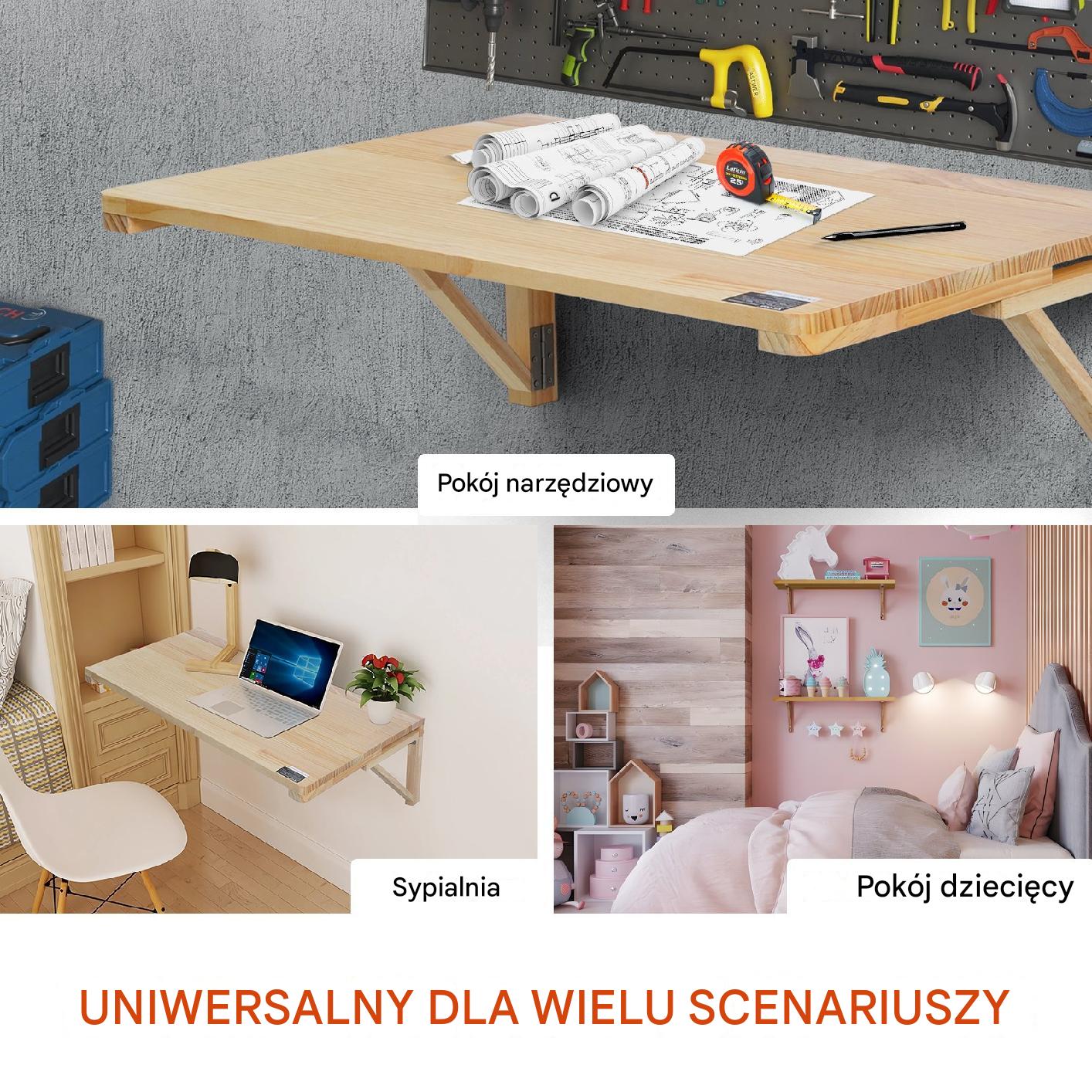 Składany stół ścienny 80x60 cm, drewno sosnowe, 45 kg, blat opuszczany - obrazek 5