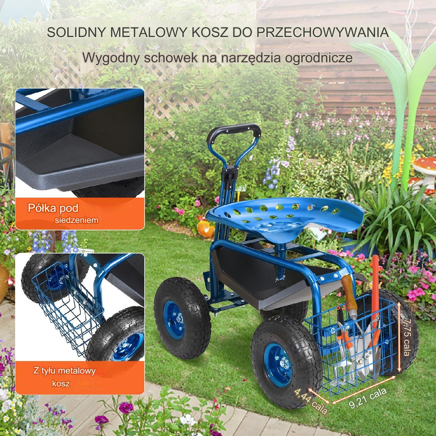 Wózek ogrodowy siedzisko ogrodowe taboret ogrodowy na kółkach niebieski - obrazek 4
