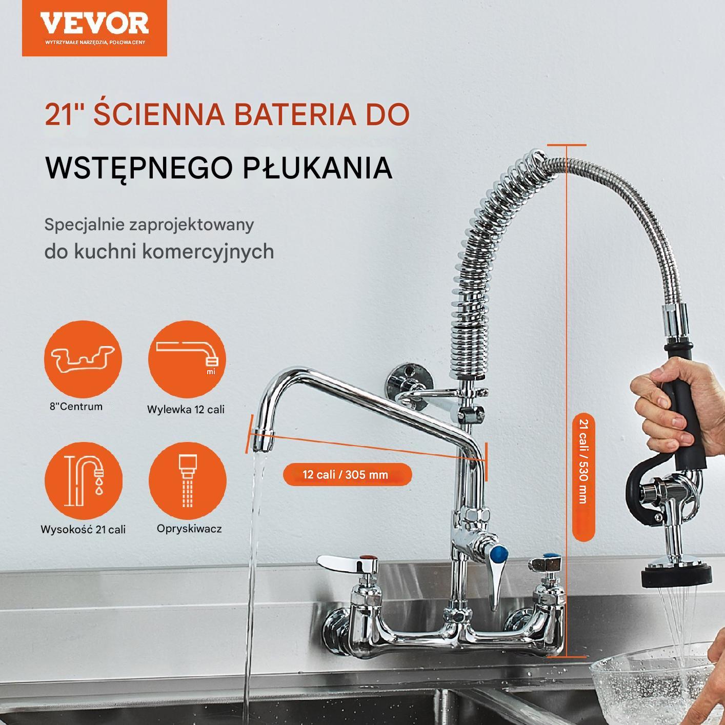 Komercyjna Bateria z Wylewką i Spryskiwaczem Pre-Rinse 530 mm - obrazek 7