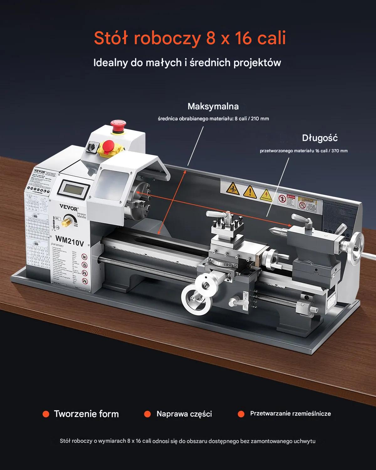 Tokarka do metalu 21x37 cm 550W regulacja obrotów 0-2500 RPM stołowa - obrazek 2