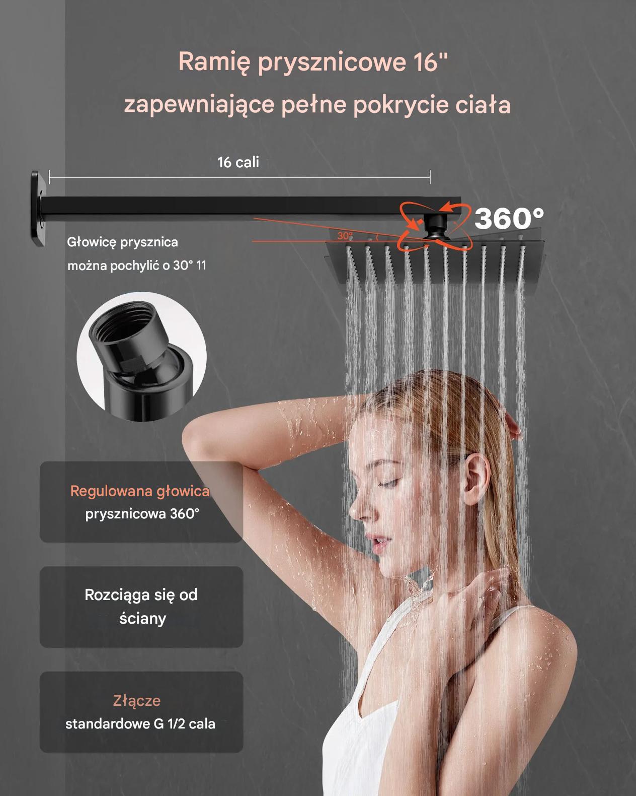 Zestaw prysznicowy deszczowy 20 cm kwadratowy z baterią ścienny czarny mat - obrazek 6