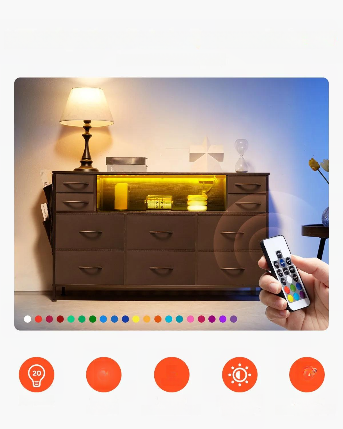 Komoda 10 szuflad materiałowa z półką LED gniazdko - do sypialni, garderoby - obrazek 2